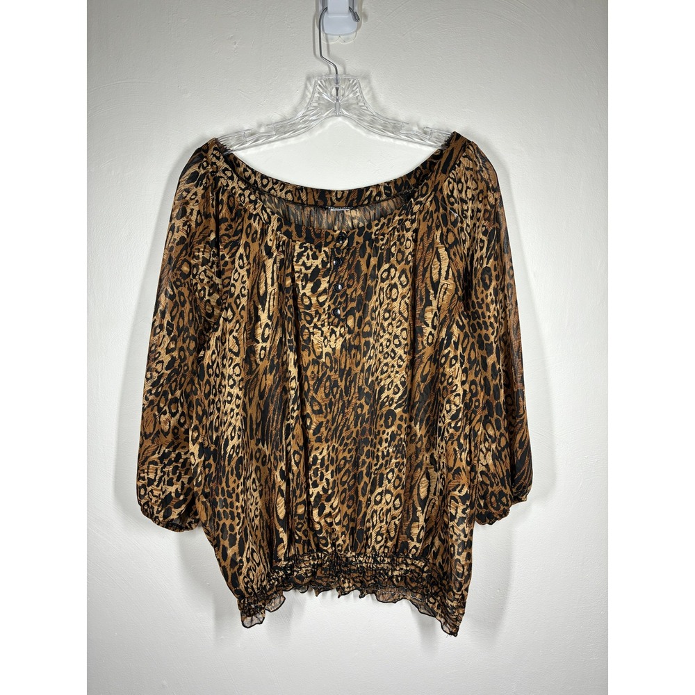 Vintage 90s Y2K Leopard Print Semi‎ Sheer Blouse Top Large Mobwife Whimsigoth